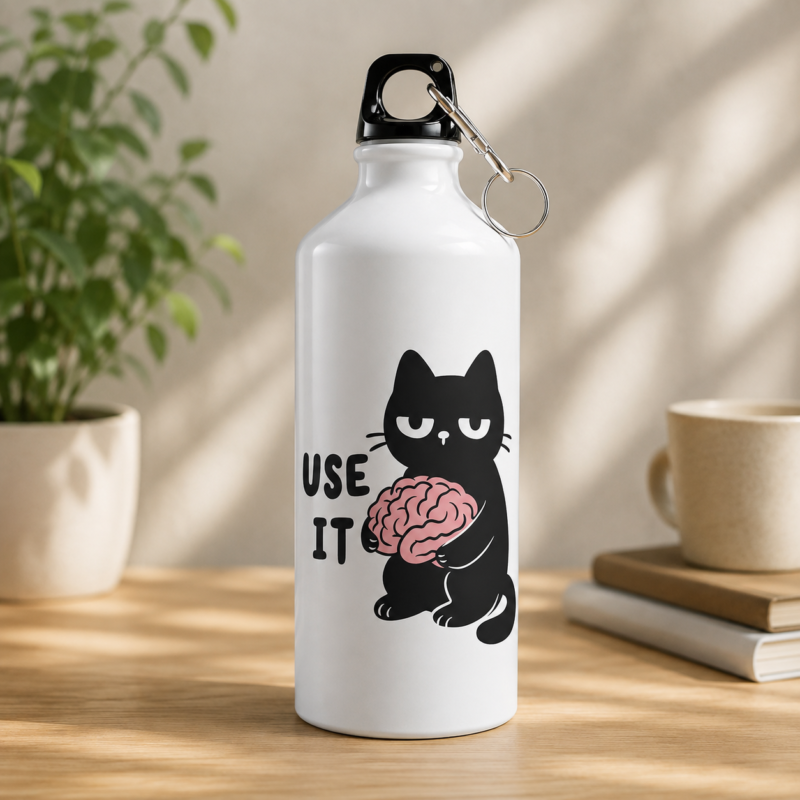 White cat graphic water bottle featuring a black cat holding a pink brain and "USE IT" text