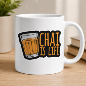 Chai Is Life sticker featuring an illustrated glass of chai with bold black and orange lettering