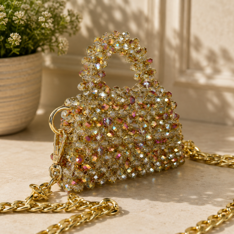 Champagne Crystal Beaded Handmade Chain Bag