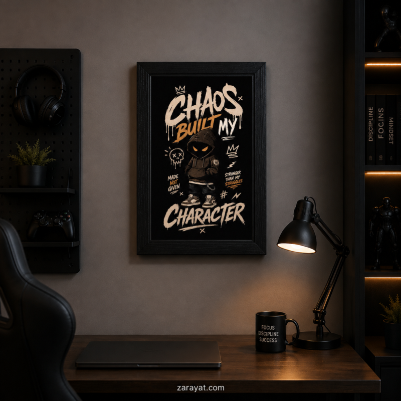 Motivational character wall art featuring a hooded figure with Chaos Built My Character typography