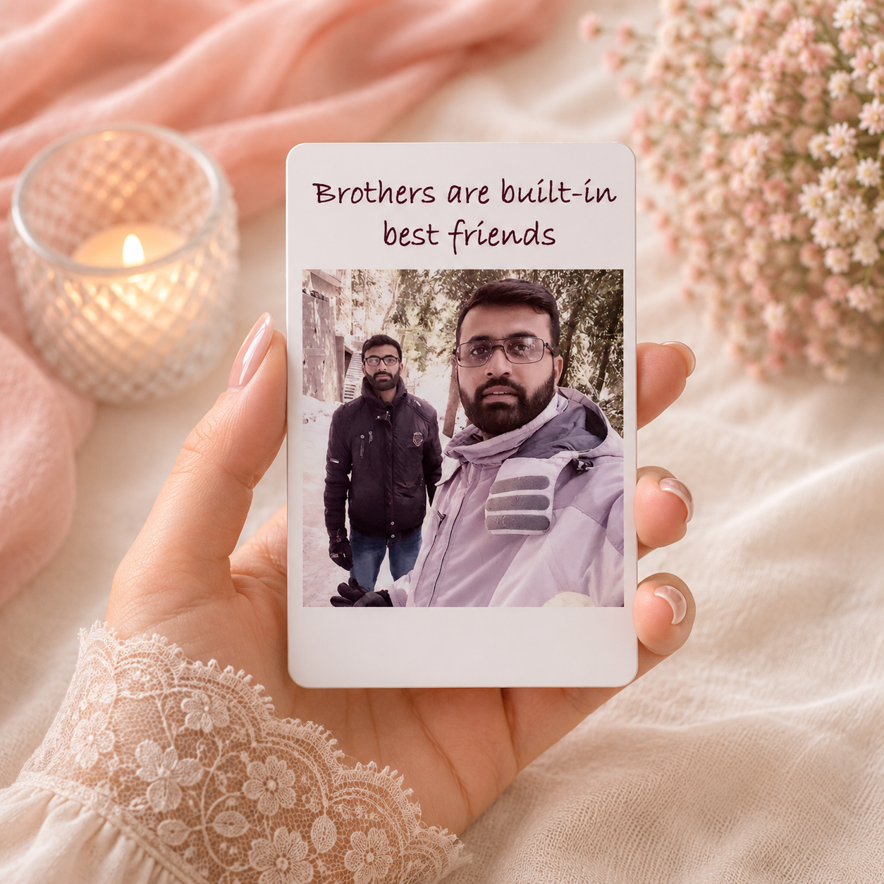 Personalized brother photo card with “Brothers are built-in best friends”