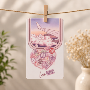 Personalized travel photo card featuring a travel photograph, airplane illustration and travel ticket artwork