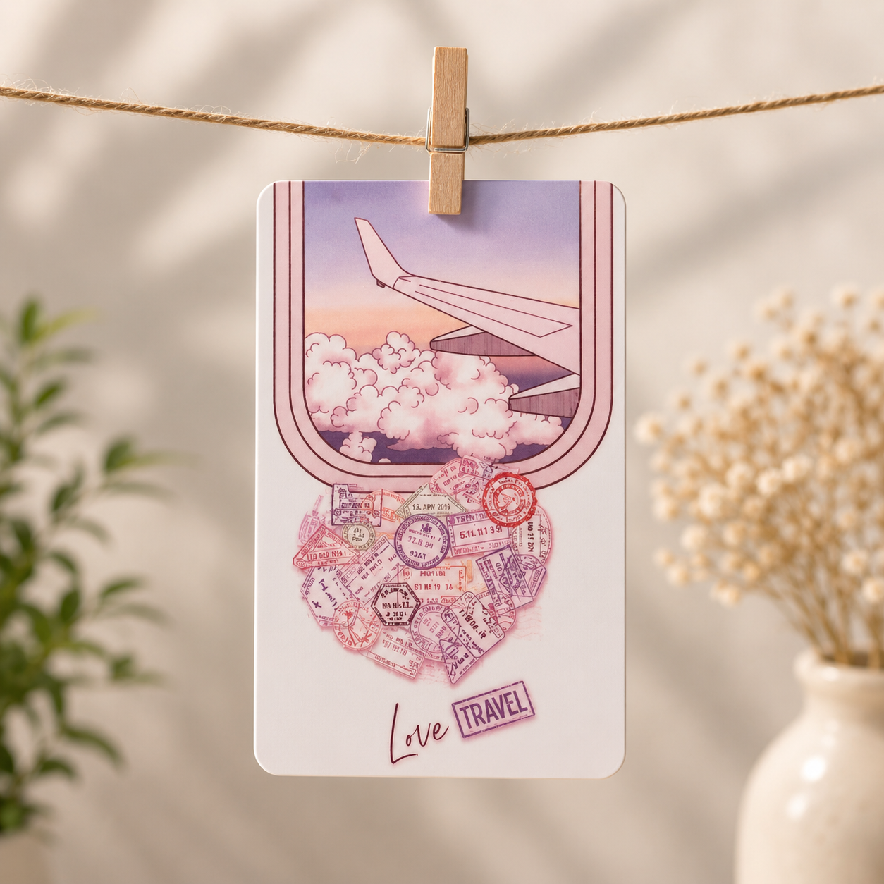 Personalized travel photo card featuring a travel photograph, airplane illustration and travel ticket artwork