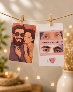 Personalized couple photo card with illustrated couple and “Endlessly in love with you” message