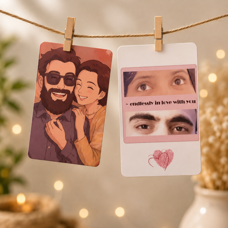 Personalized couple photo card with illustrated couple and “Endlessly in love with you” message