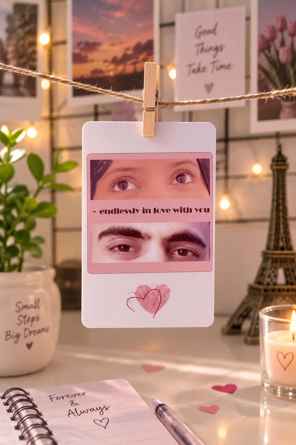 Personalized couple photo card with illustrated couple and “Endlessly in love with you”