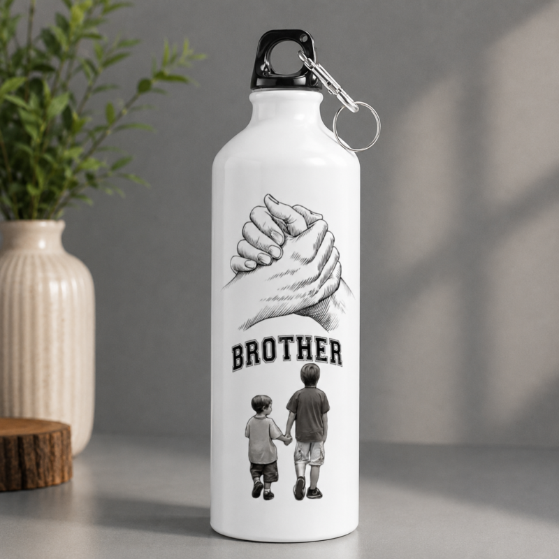 White brother gift water bottle with two brothers illustration and “BROTHER” design
