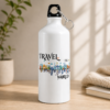 White Travel The World water bottle with colorful landmark and airplane travel design
