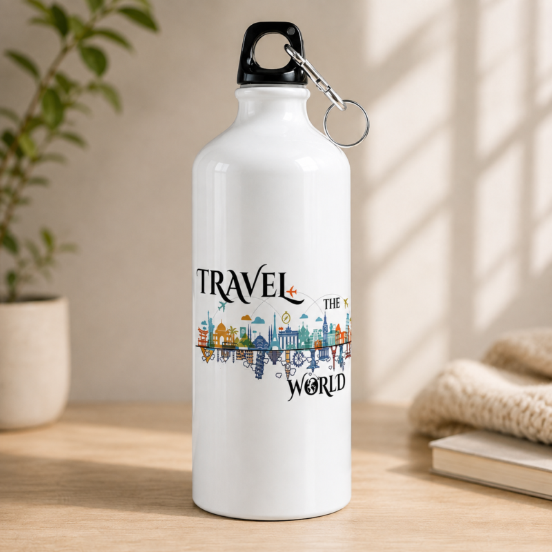 White Travel The World water bottle with colorful landmark and airplane travel design