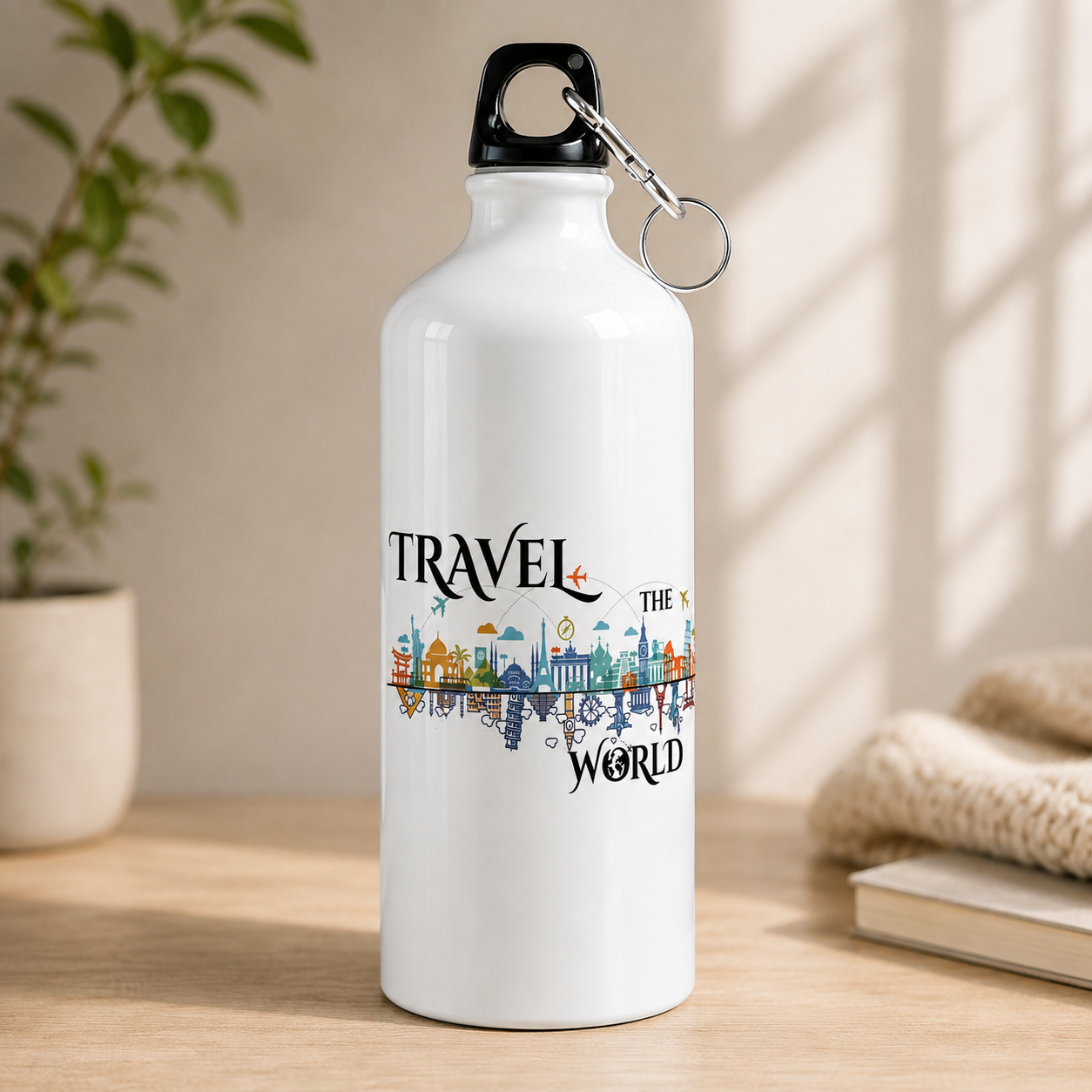 White Travel The World water bottle with colorful landmark and airplane travel design