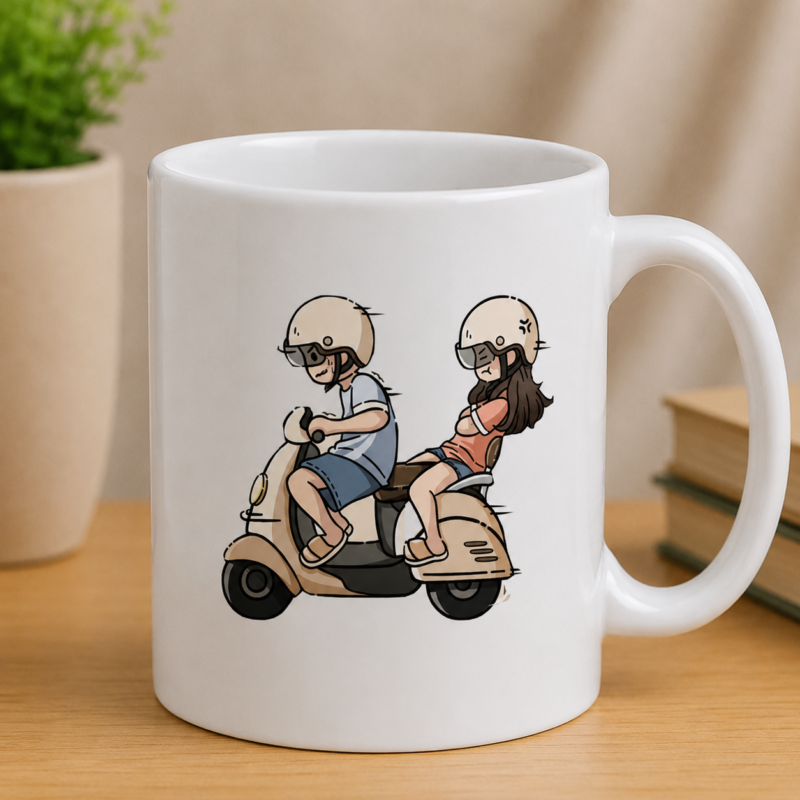 Couple scooter sticker showing two helmeted riders traveling together on a beige scooter