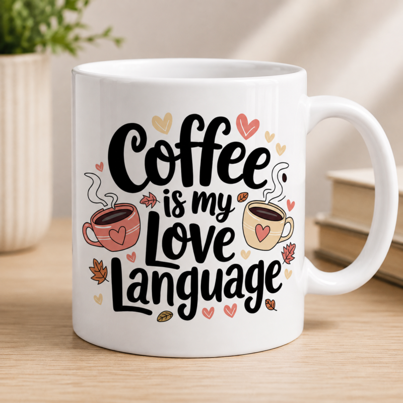 Coffee Is My Love Language mug sublimation design with illustrated coffee cups, hearts and warm colors