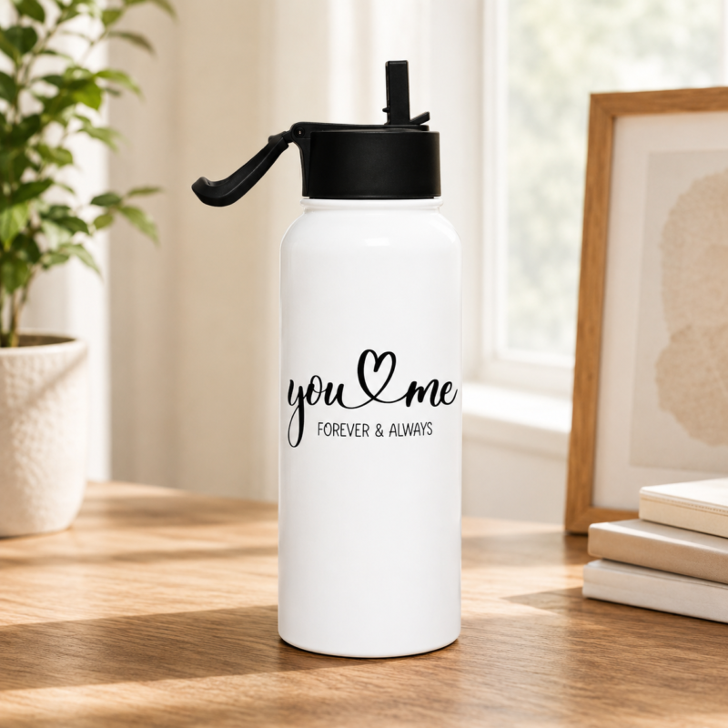 White couple gift water bottle with “You & Me Forever & Always” romantic heart design and black flip-top lid