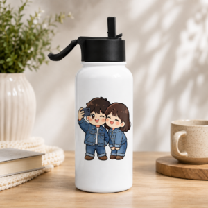 White water bottle with cartoon couple taking a selfie in matching blue denim outfits