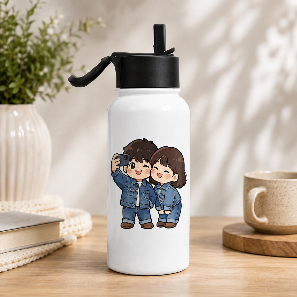 White water bottle with cartoon couple taking a selfie in matching blue denim outfits