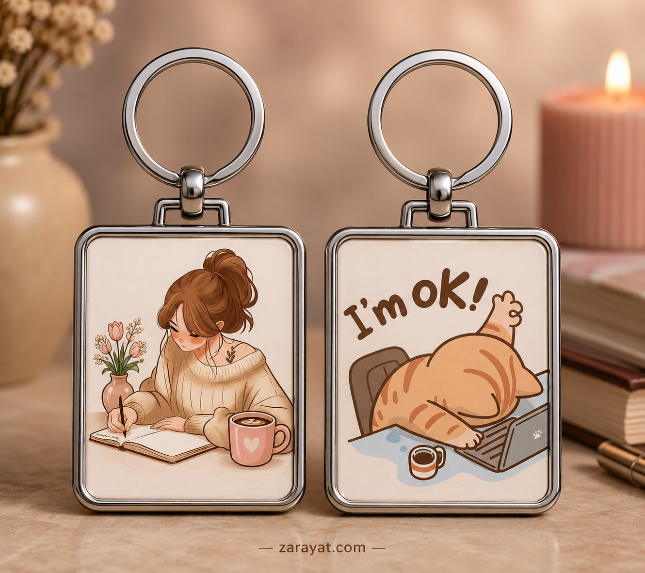 Cute aesthetic keychain with cozy woman journaling and sleeping cat with coffee and book artwork