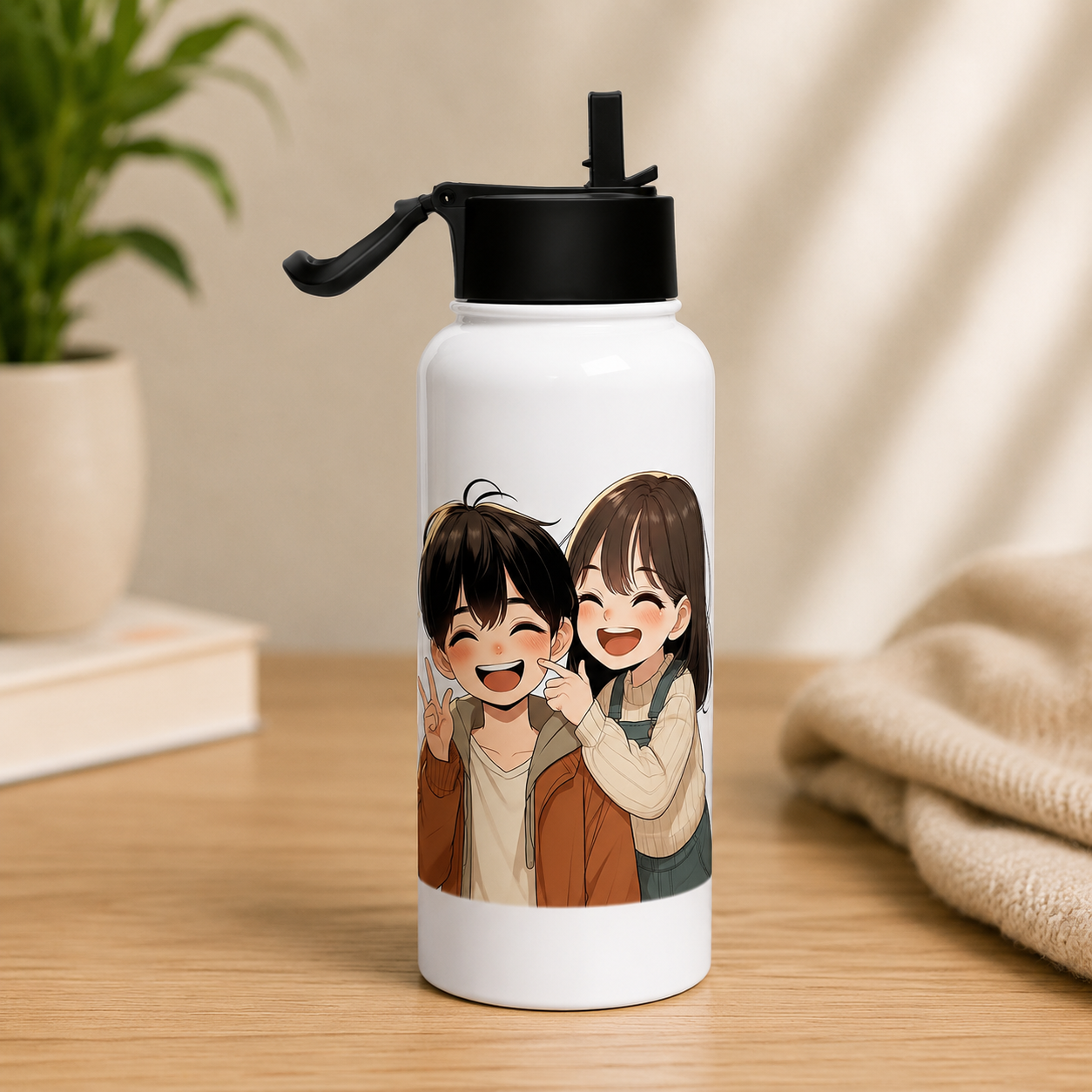 White cute anime friends water bottle featuring two smiling character illustrations with a black flip-top lid