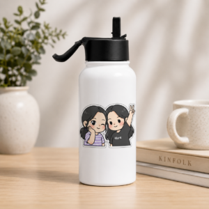 Cute cartoon girls printed water bottle in white with black lid