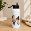 White cute cartoon water bottle featuring an illustration of two playful child-like characters with a black flip-top lid