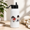White cute cartoon water bottle with two playful child characters and a small cat illustration