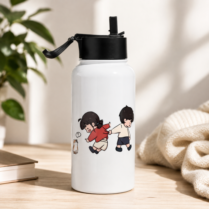 White cute cartoon water bottle with two playful child characters and a small cat illustration