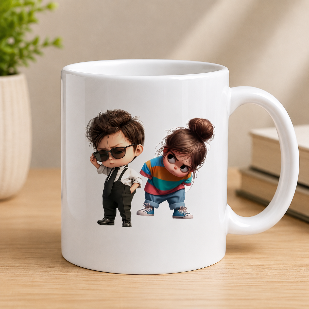 Cute couple cartoon graphic featuring two stylized characters in colorful casual outfits