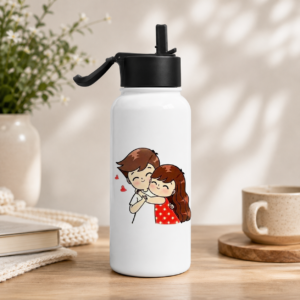 White cute couple printed water bottle with kissing cartoon couple and red hearts