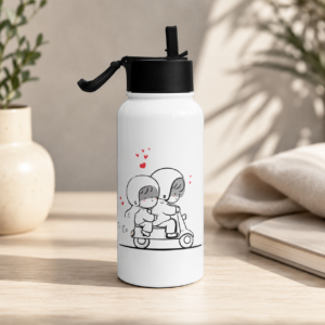 White couple printed water bottle with romantic scooter illustration and red hearts
