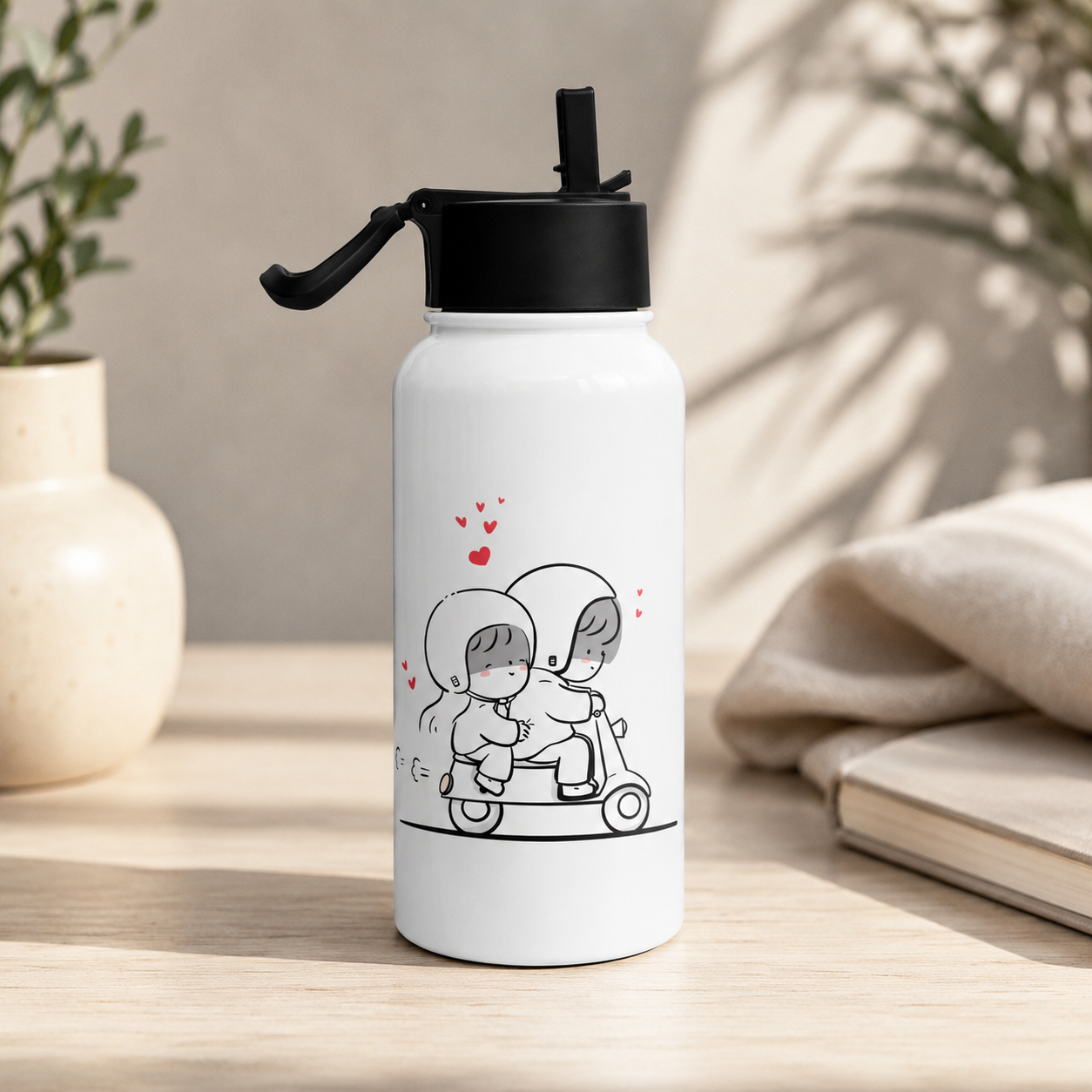 White couple printed water bottle with romantic scooter illustration and red hearts