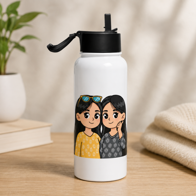 White cute girls graphic water bottle featuring two cheerful cartoon-style female characters and a black flip-top lid