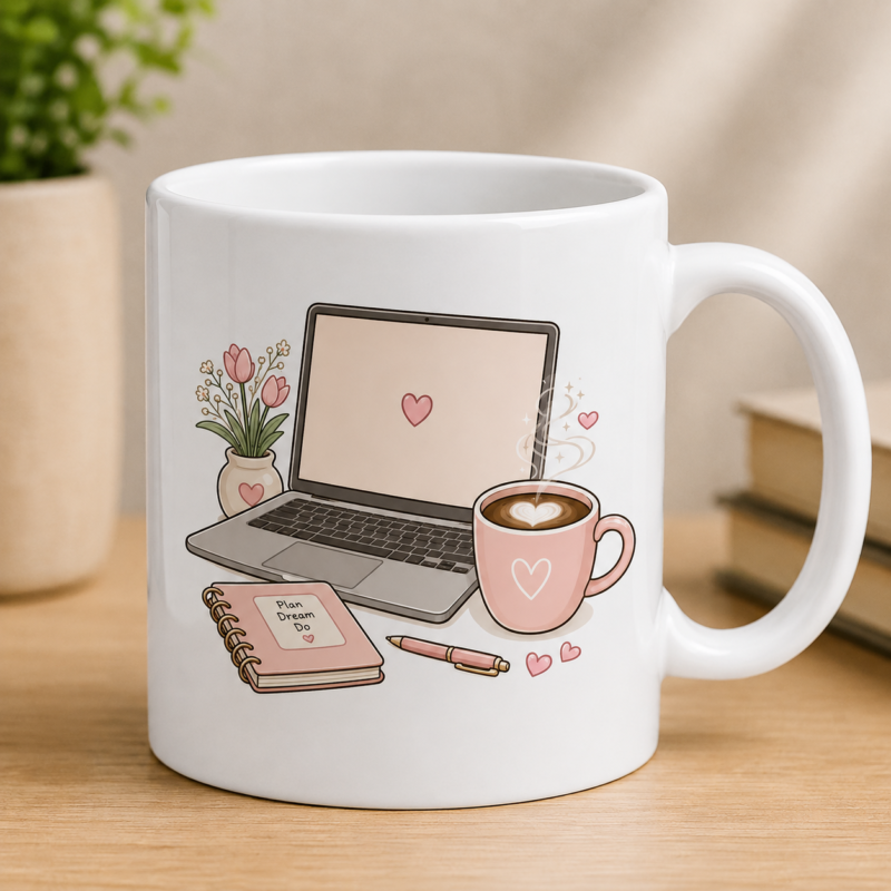 Cute laptop coffee sticker showing a cozy workspace with laptop, latte, notebook, pen and flowers