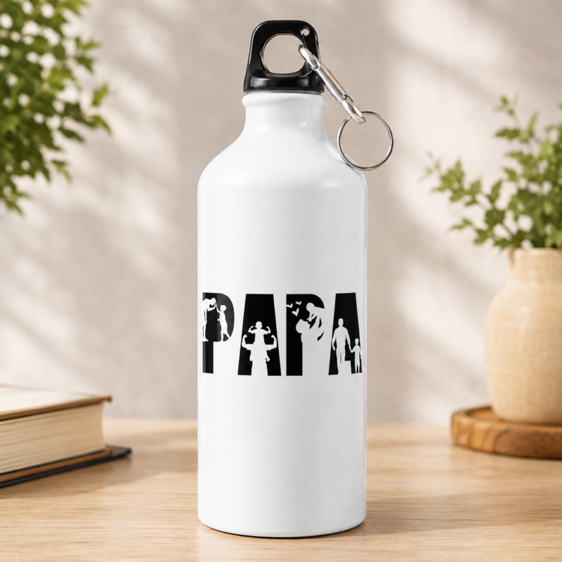 White Dad gift water bottle with black DAD lettering and family silhouettes