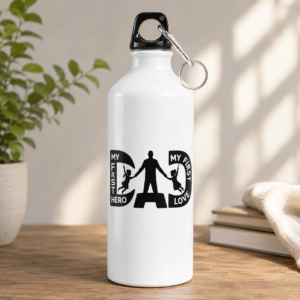 White Dad gift water bottle with father and children silhouette and “My First Hero” design