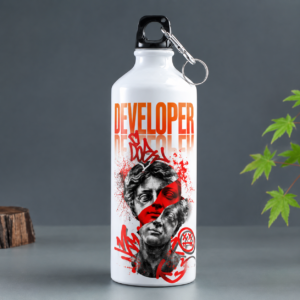 White developer water bottle with DEVELOPER lettering, classical statue artwork and red graffiti design