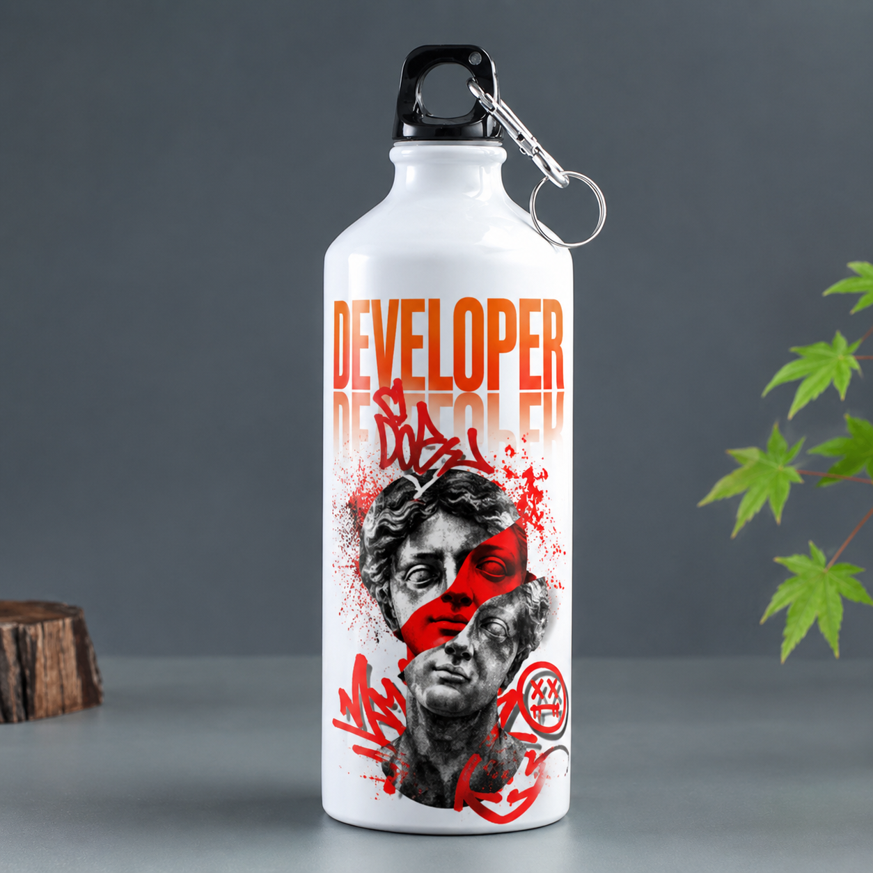 White developer water bottle with DEVELOPER lettering, classical statue artwork and red graffiti design