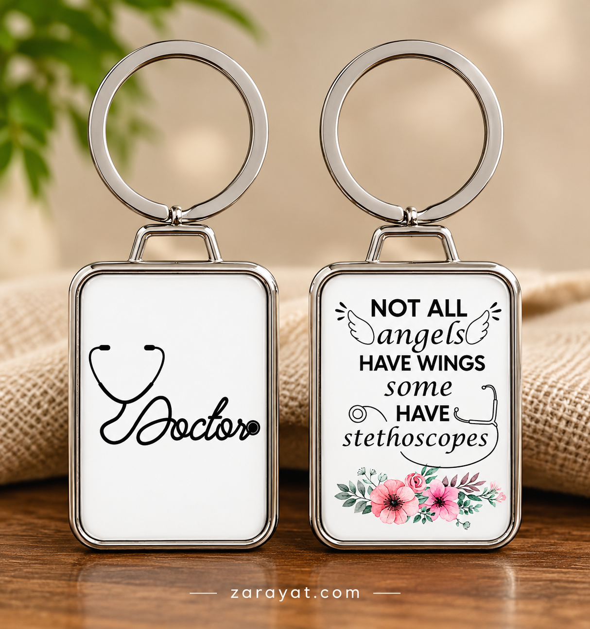 Doctor keychain with stethoscope design, angel quote and floral artwork