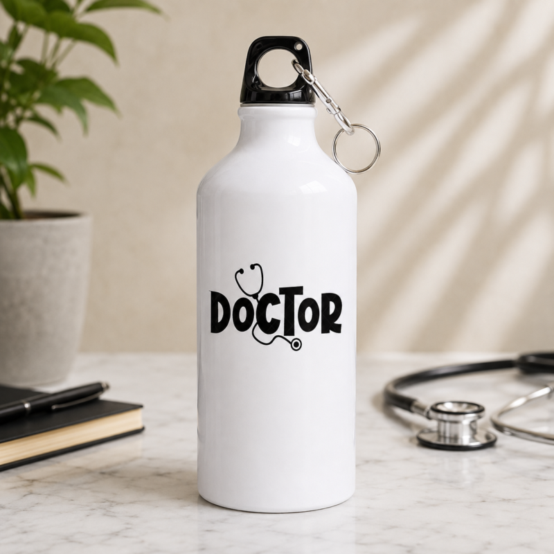 White doctor water bottle with black DOCTOR lettering and stethoscope design