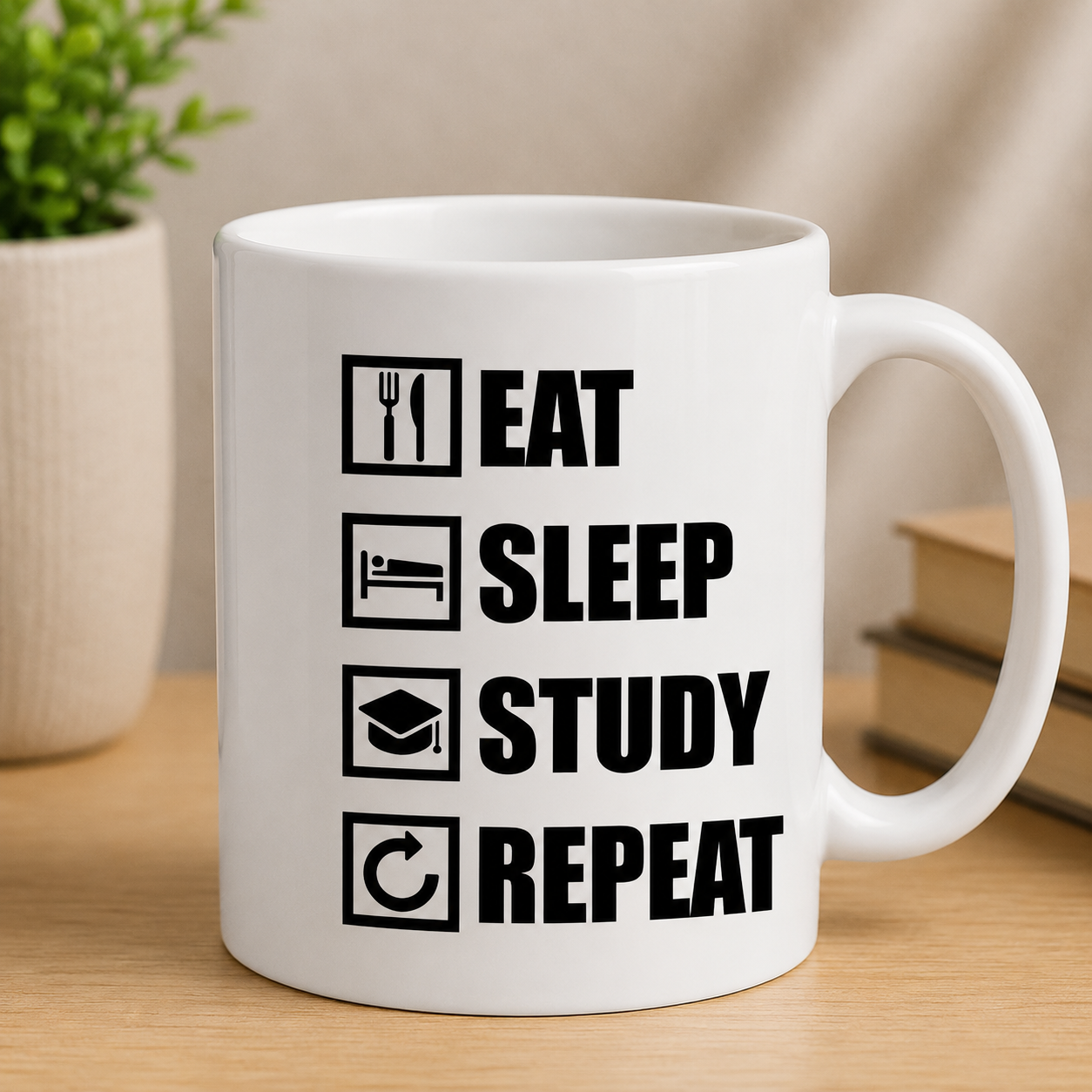 Eat Sleep Study Repeat sticker with food, bed, graduation cap and repeat icons