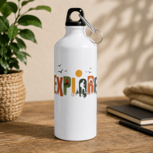 White adventure water bottle with Explore outdoor graphic featuring hiking, camping, trees and campfire
