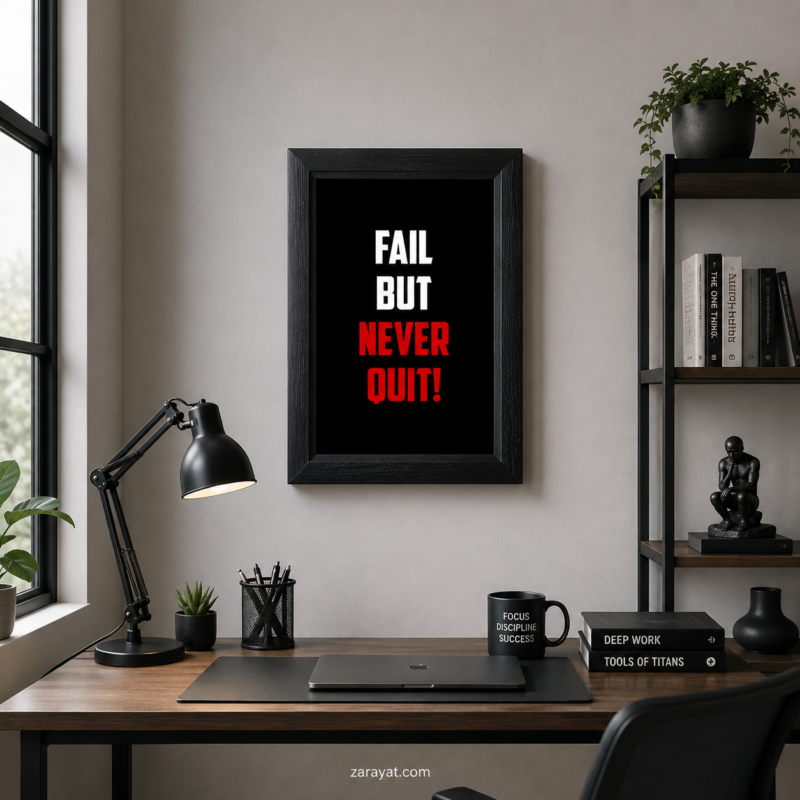 Fail But Never Quit motivational wall art with white and red typography on black background
