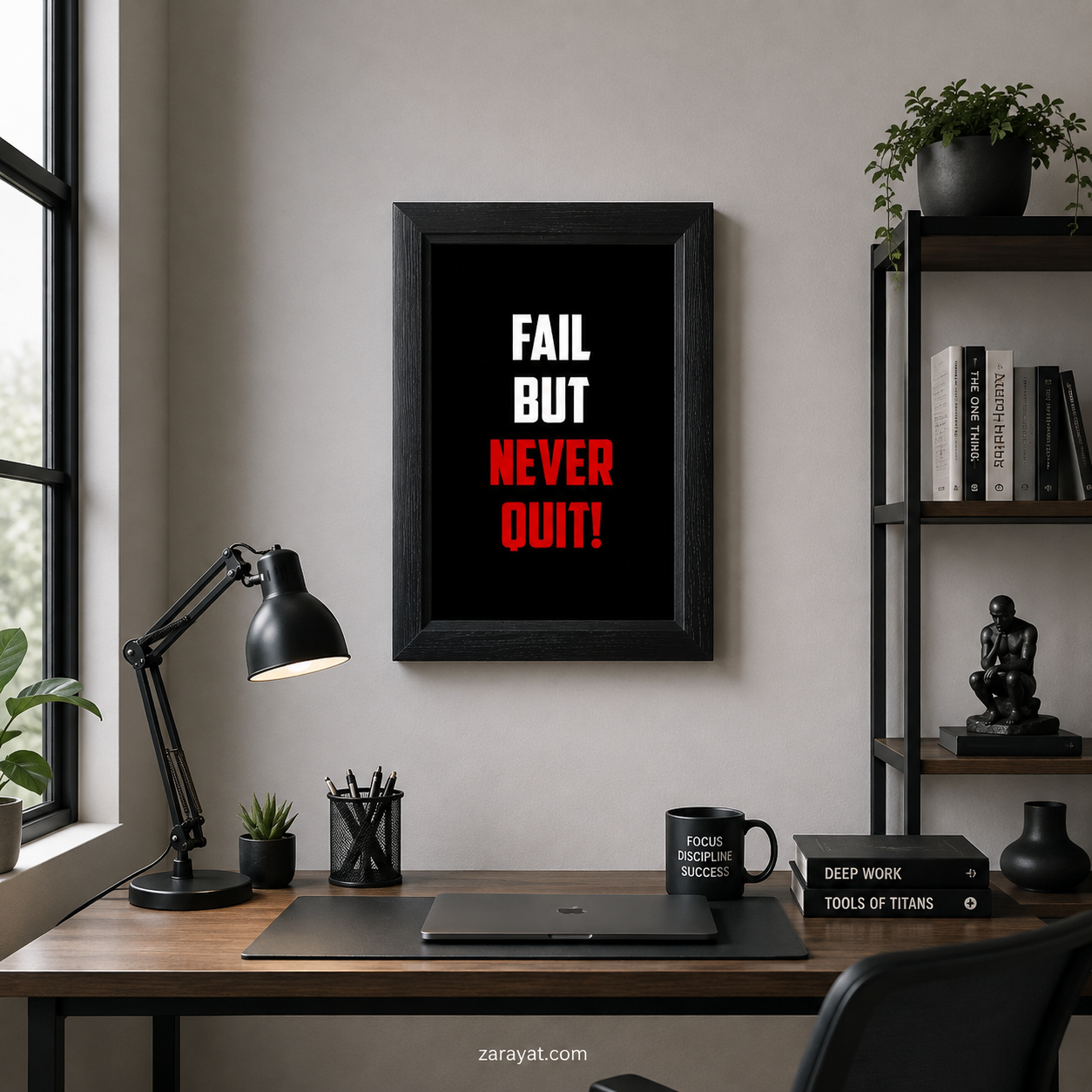 Fail But Never Quit motivational wall art with white and red typography on black background