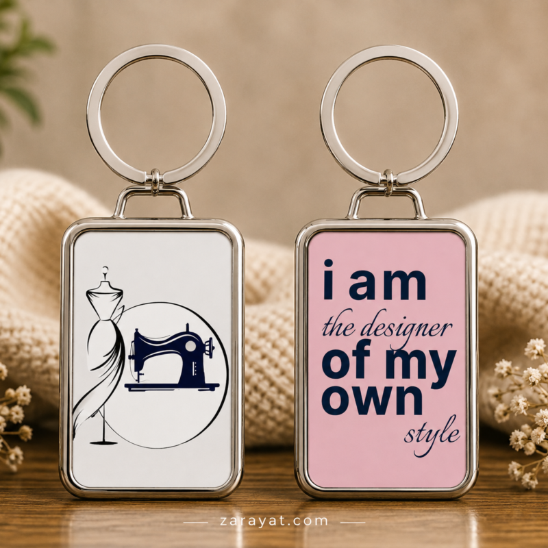 Fashion designer keychain with sewing machine and dress form design
