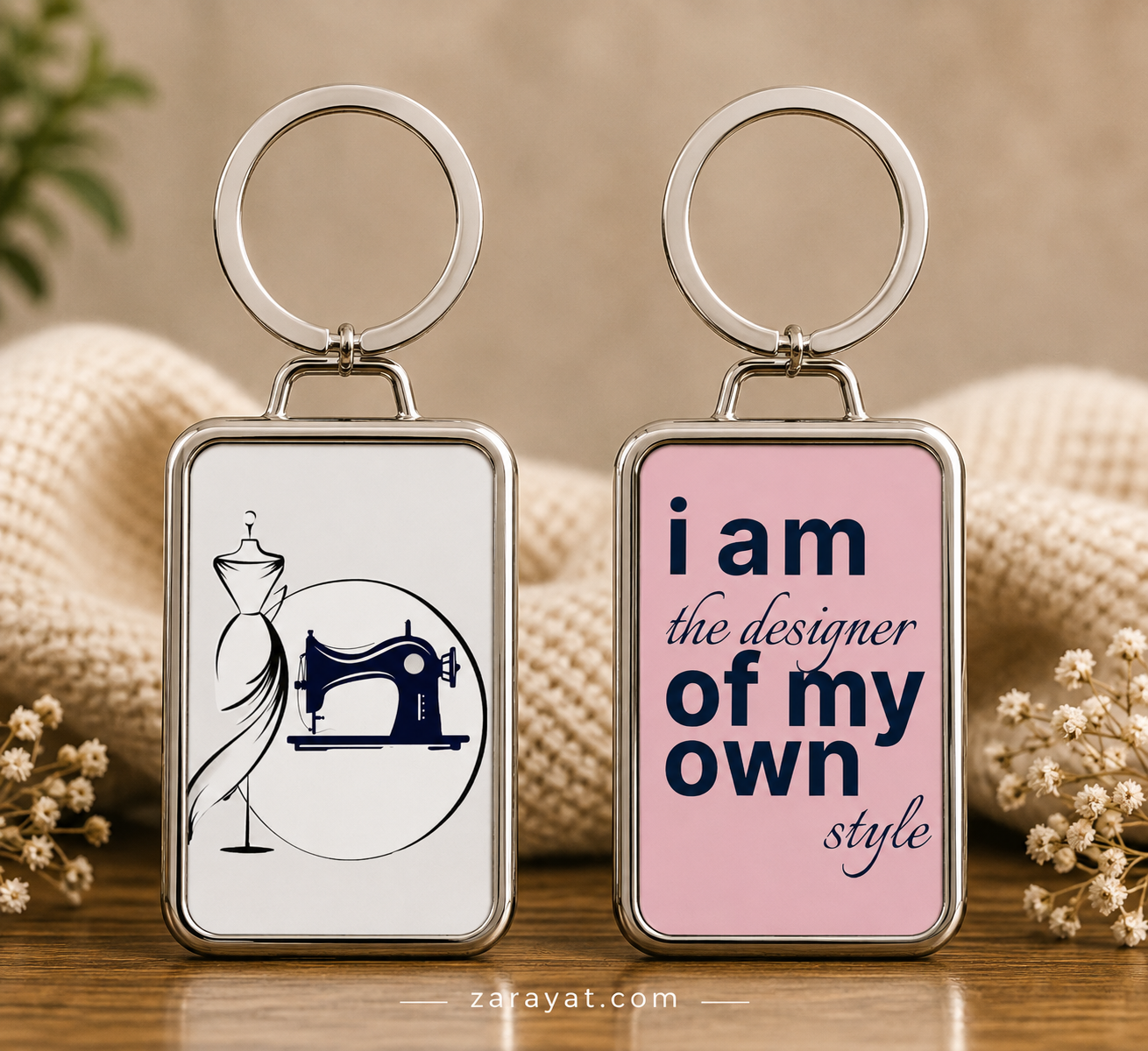 Fashion designer keychain with sewing machine and dress form design