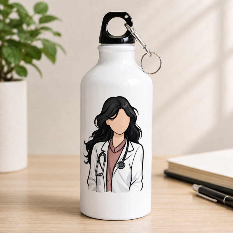 White female doctor water bottle with illustrated doctor and stethoscope design