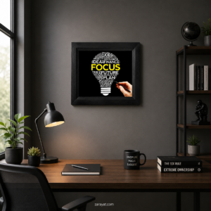 Focus motivational wall art with yellow typography and business words forming a lightbulb