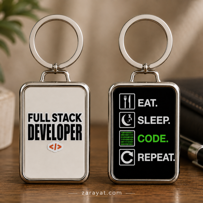 Full Stack Developer keychain with coding and Eat Sleep Code Repeat designs