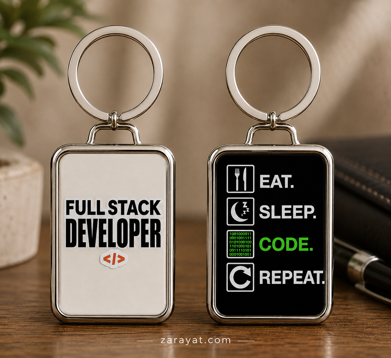Full Stack Developer keychain with coding and Eat Sleep Code Repeat designs