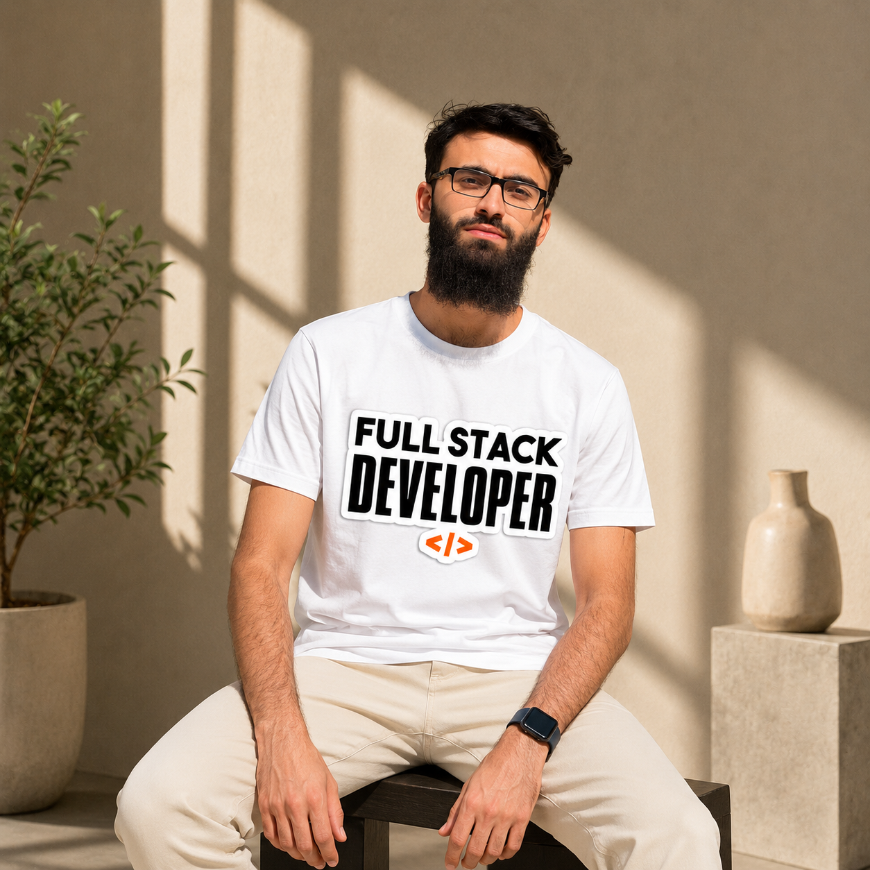 White full stack developer T-shirt with black text and orange coding symbols