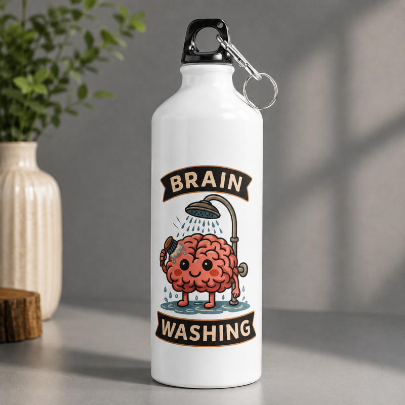 White funny graphic water bottle with “Brain Washing” cartoon brain shower design