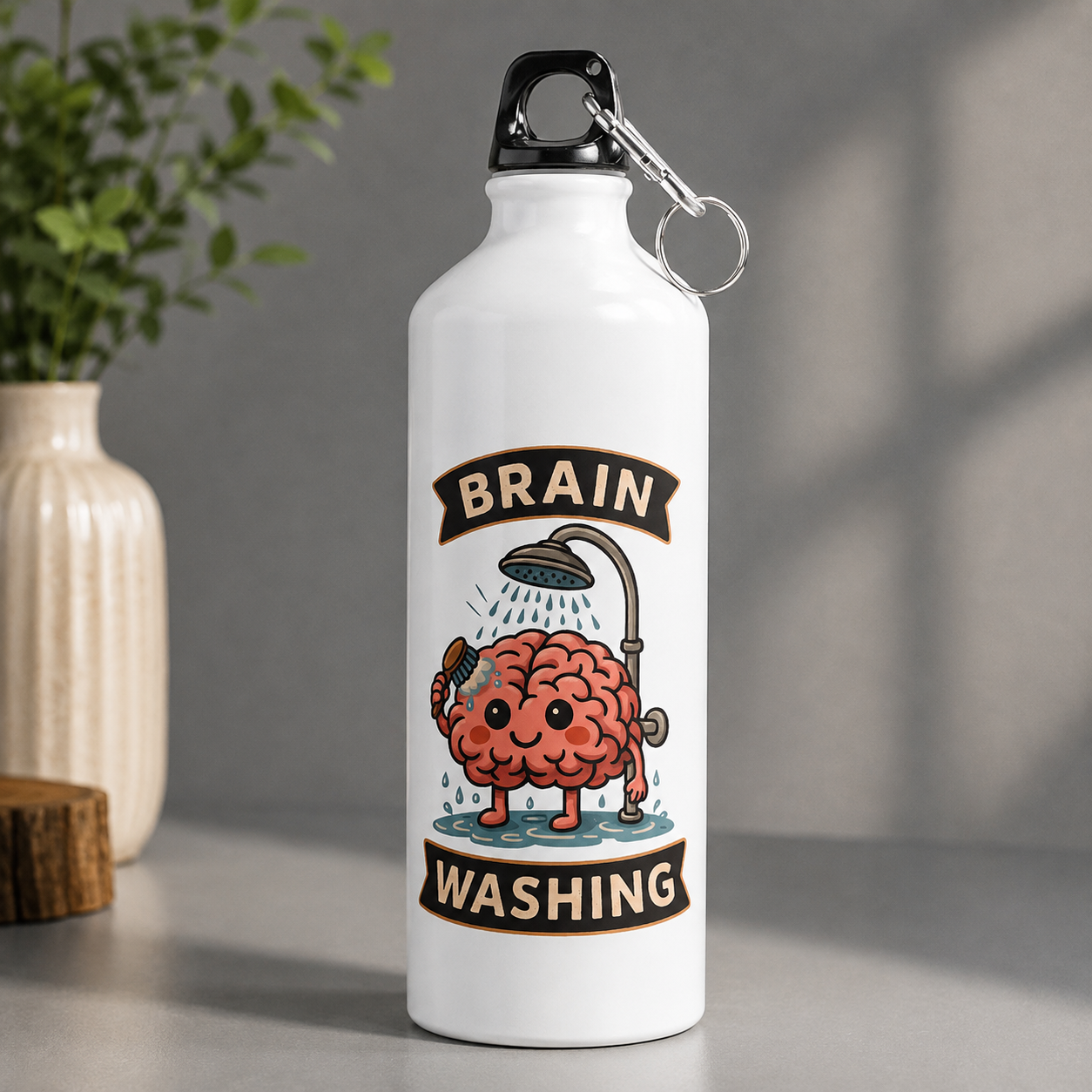 White funny graphic water bottle with “Brain Washing” cartoon brain shower design